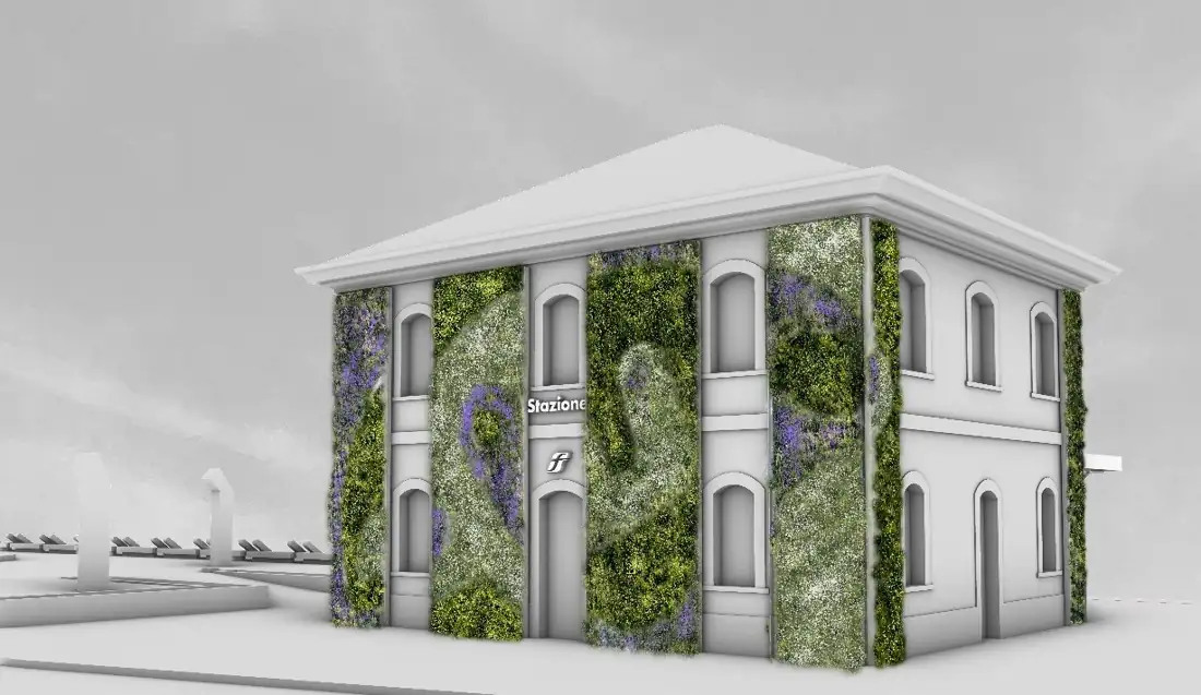 Render dell'edificio di stazione con le facciate rivestite da giardini verticali di piante autoctone fiorite, che disegnano forme ispirate alle statue stele