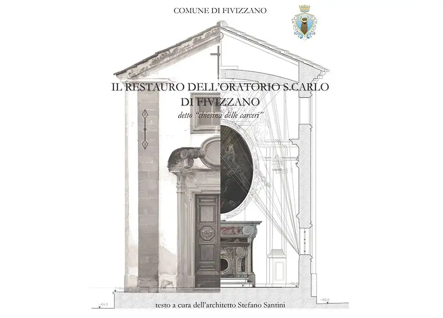Tavola del restauro dell'Oratorio di San Carlo a Fivizzano: metà prospetto fotografico e metà sezione disegnata