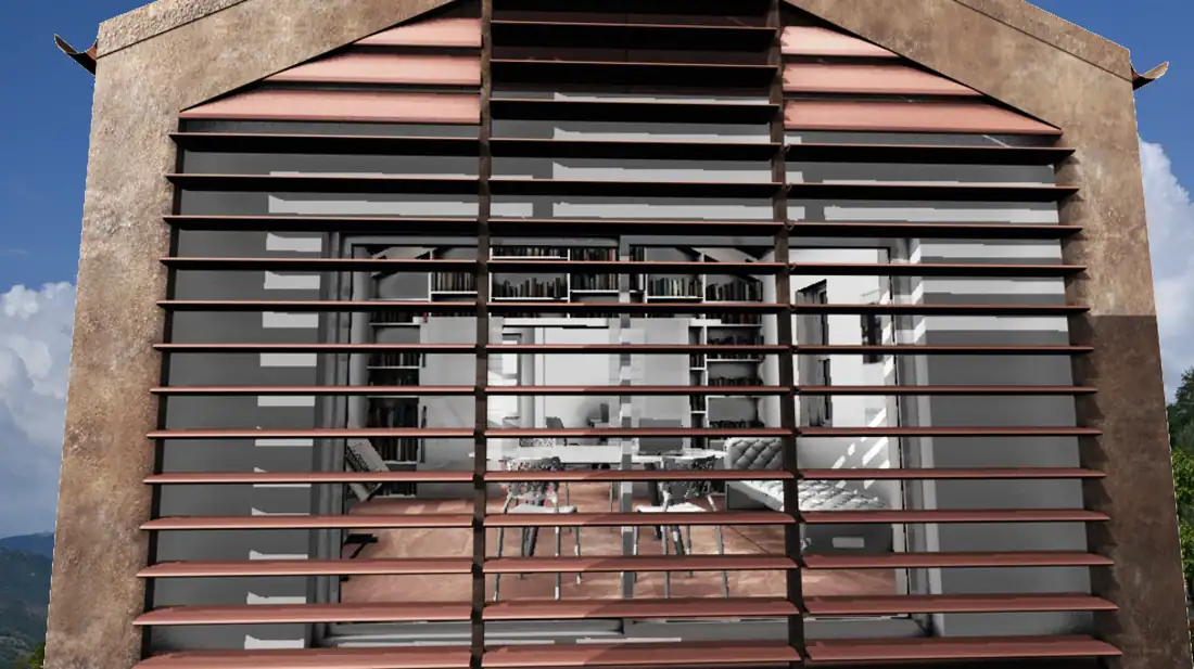 Render del nuovo studio professionale in legno a Fivizzano: edificio a capanna con facciata schermata da frangisole orizzontali in rame e interno con libreria