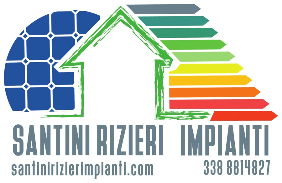 Logo Santini Rizieri Impianti: casa stilizzata con pannello fotovoltaico e scala delle classi energetiche