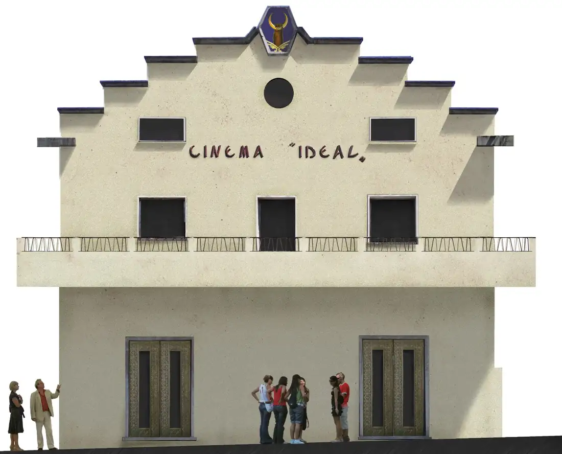 Render del prospetto recuperato del cinema Ideal, con la scritta storica restaurata e nuovi portoni