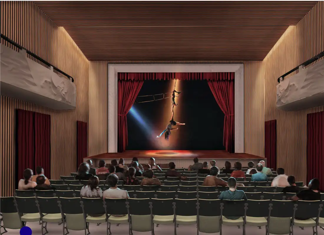 Render della sala recuperata: rivestimenti in doghe di legno, palcoscenico con sipario rosso e spettacolo acrobatico, platea con pubblico
