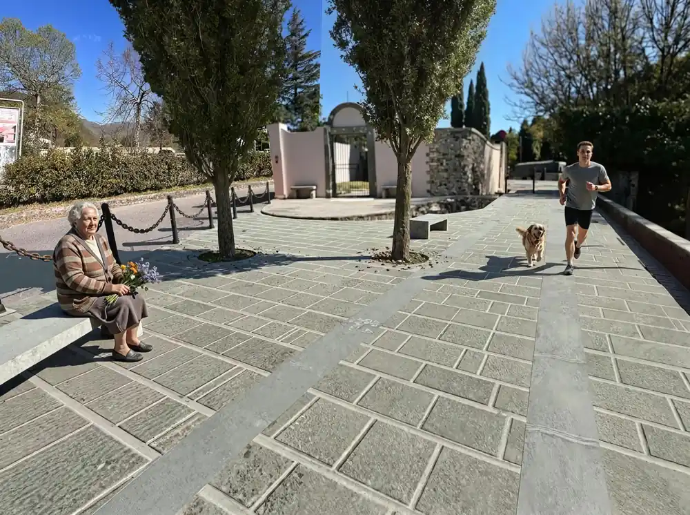 Render di progetto della nuova area pedonale davanti al Cimitero degli Svizzeri, con pavimentazione in pietra, cipressi e panche in arenaria