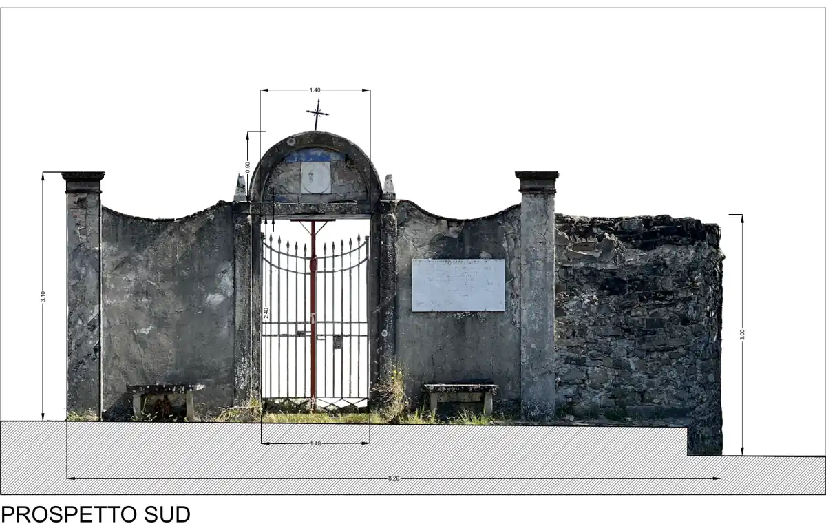 Prospetto sud del Cimitero degli Svizzeri prima dei lavori, con analisi del degrado